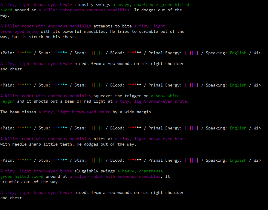 FutureMUD terminal showing a combat exchange with coloured attacks, defenses, wounds, and character resources.