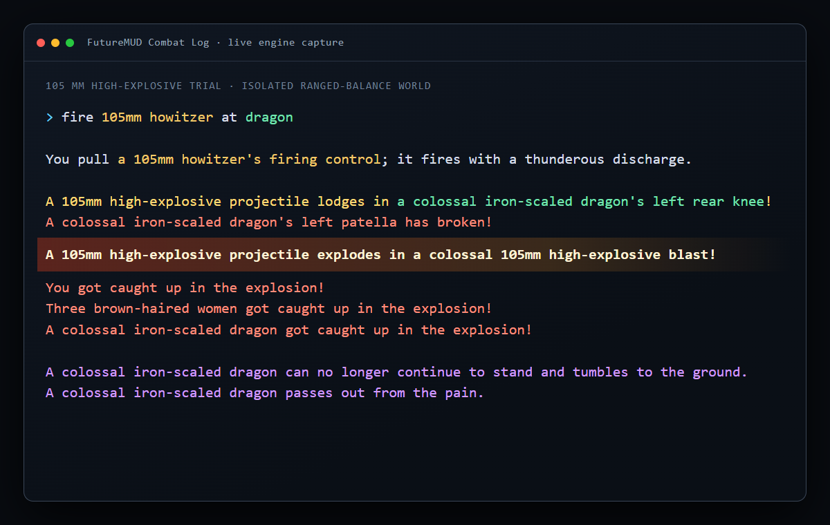 Colourised FutureMUD combat log showing a 105 millimetre howitzer shell striking and exploding against a colossal dragon.