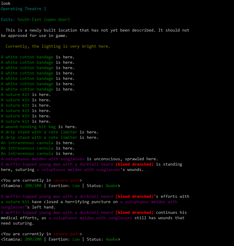 FutureMUD terminal showing a medical treatment scene with coloured status and wound messages.