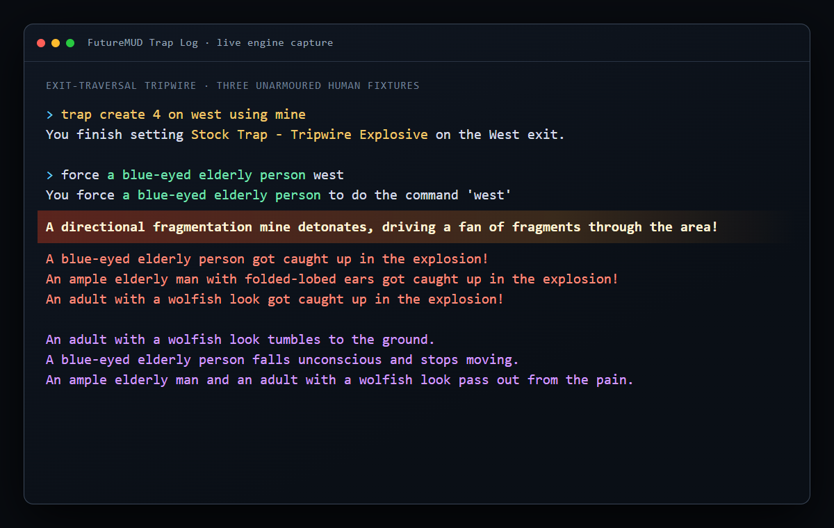 Colourised FutureMUD trap log showing people triggering a directional fragmentation mine while traversing an exit.
